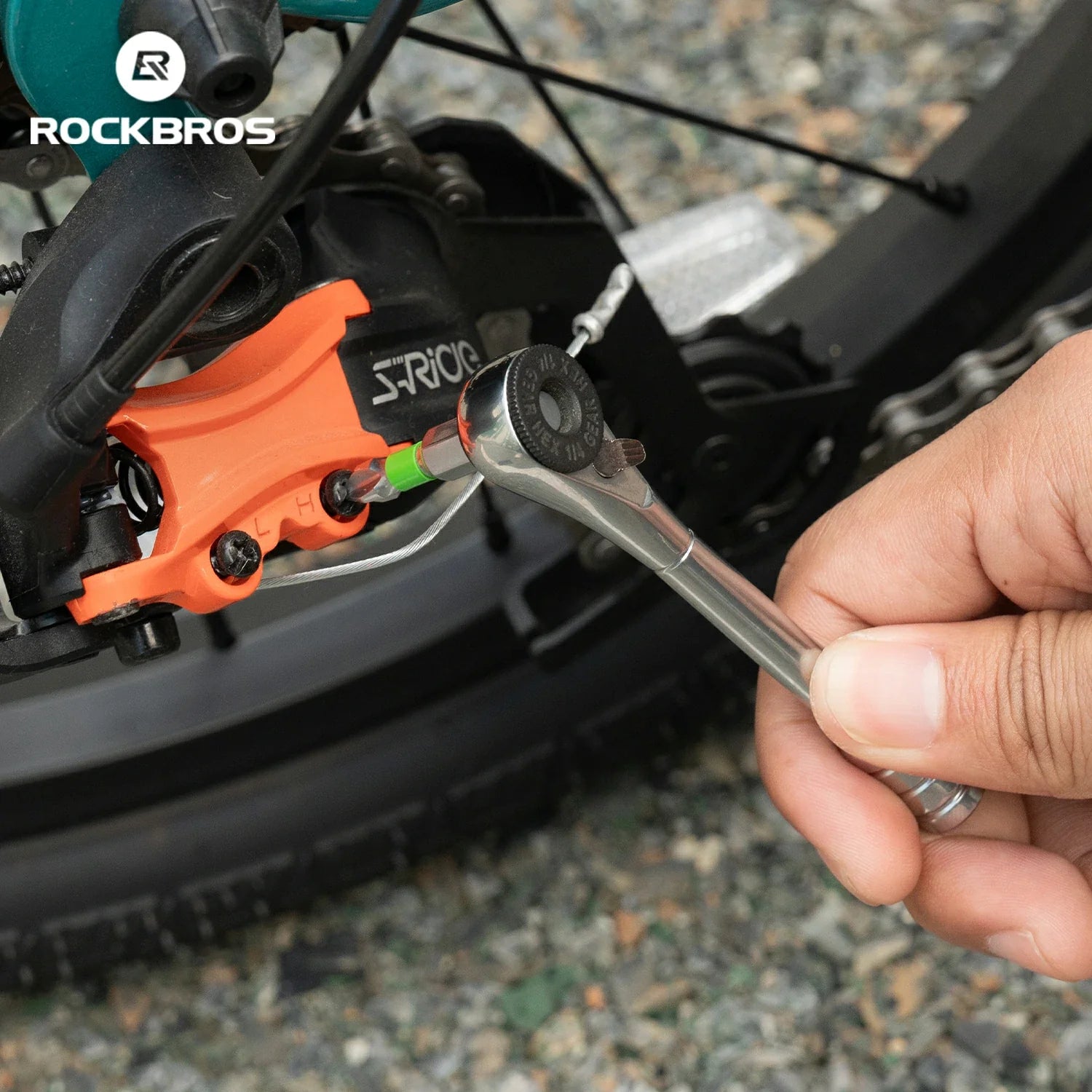 Person adjusting a motorcycle brake lever with a wrench, featuring the RockBros brand.