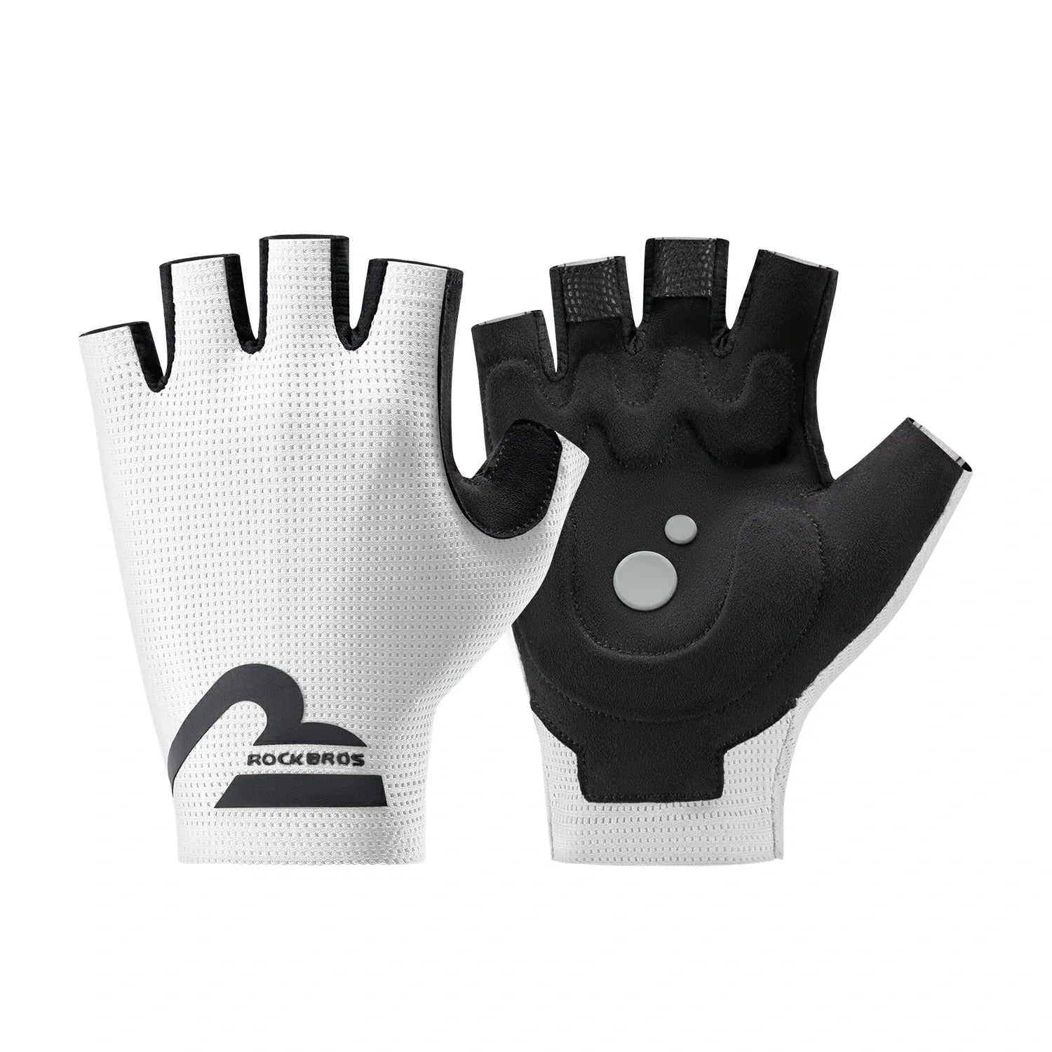 Pair of black and white gloves with 'RockBros' logo on a white background #color_white