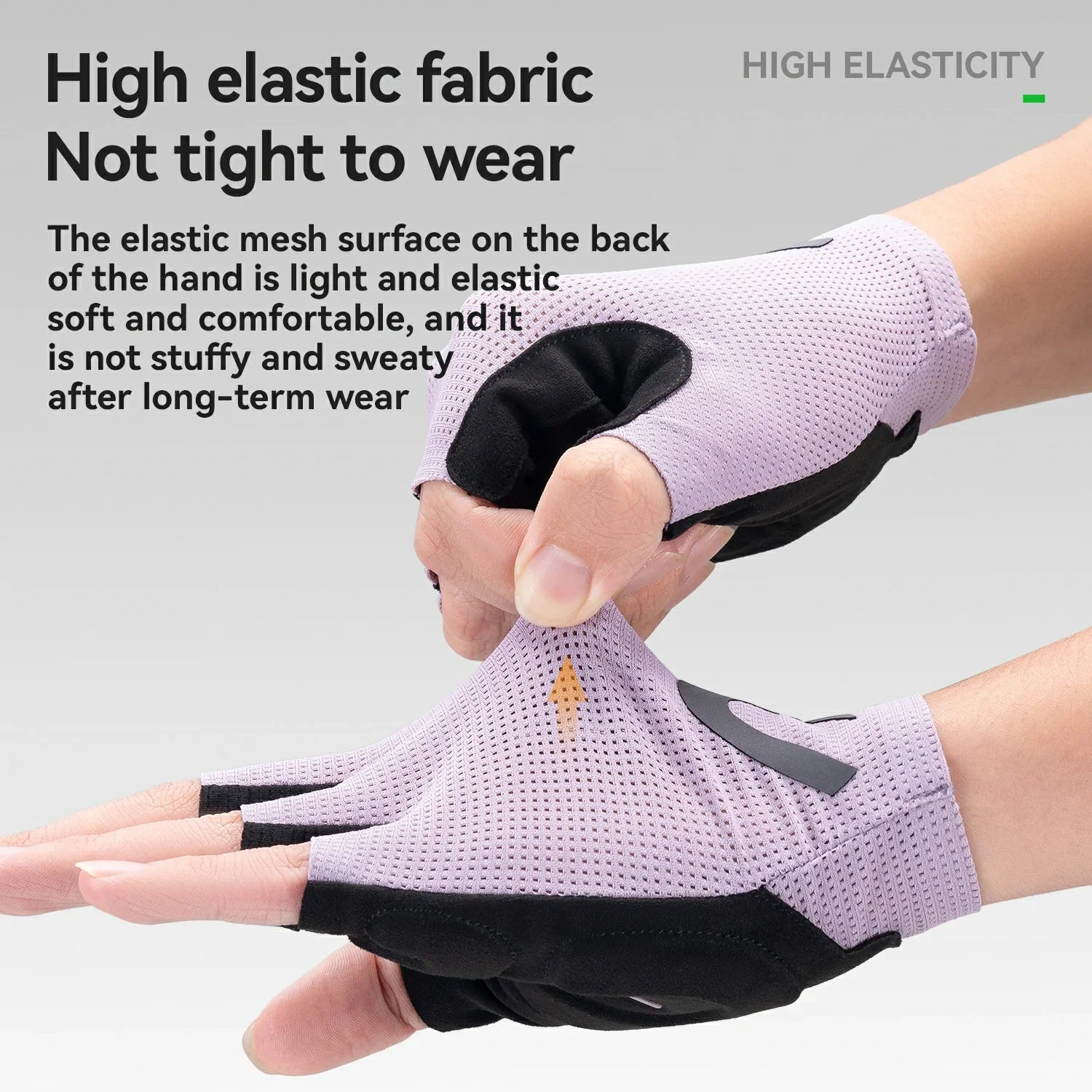 Pair of gloves with text highlighting high elasticity and comfort