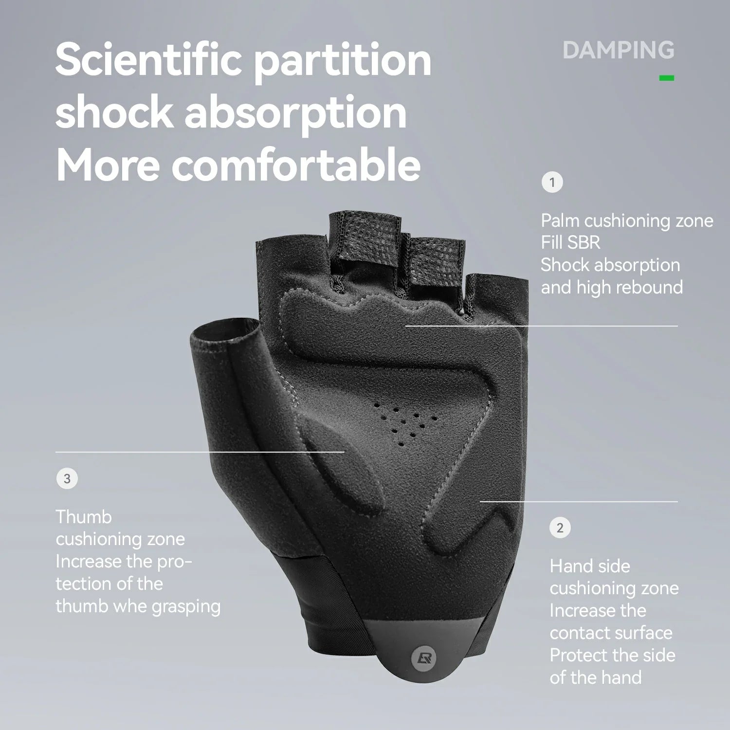 Black glove with text on scientific partition shock absorption and comfort features on a gray background