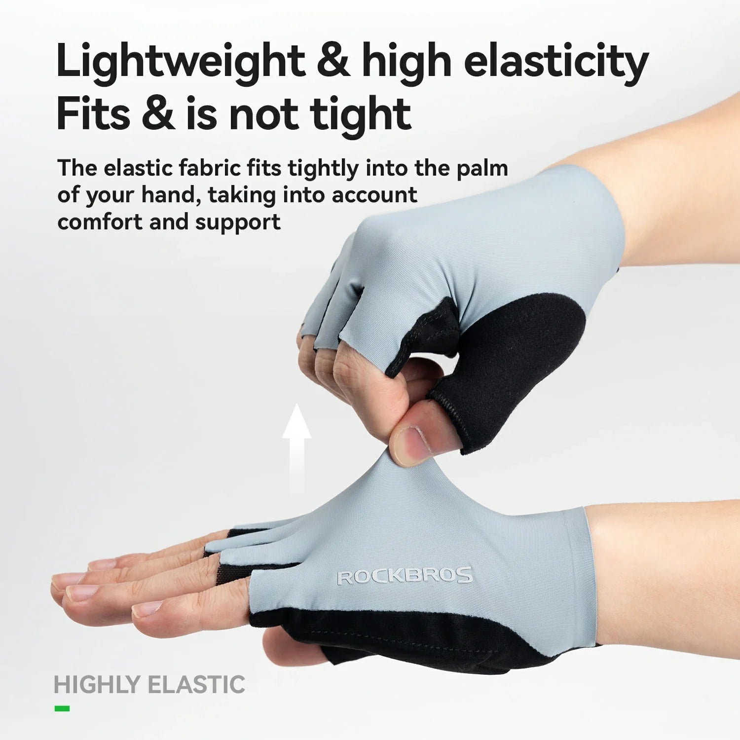 Lightweight gloves with high elasticity being worn on a white background, featuring the brand 'RockBros'.