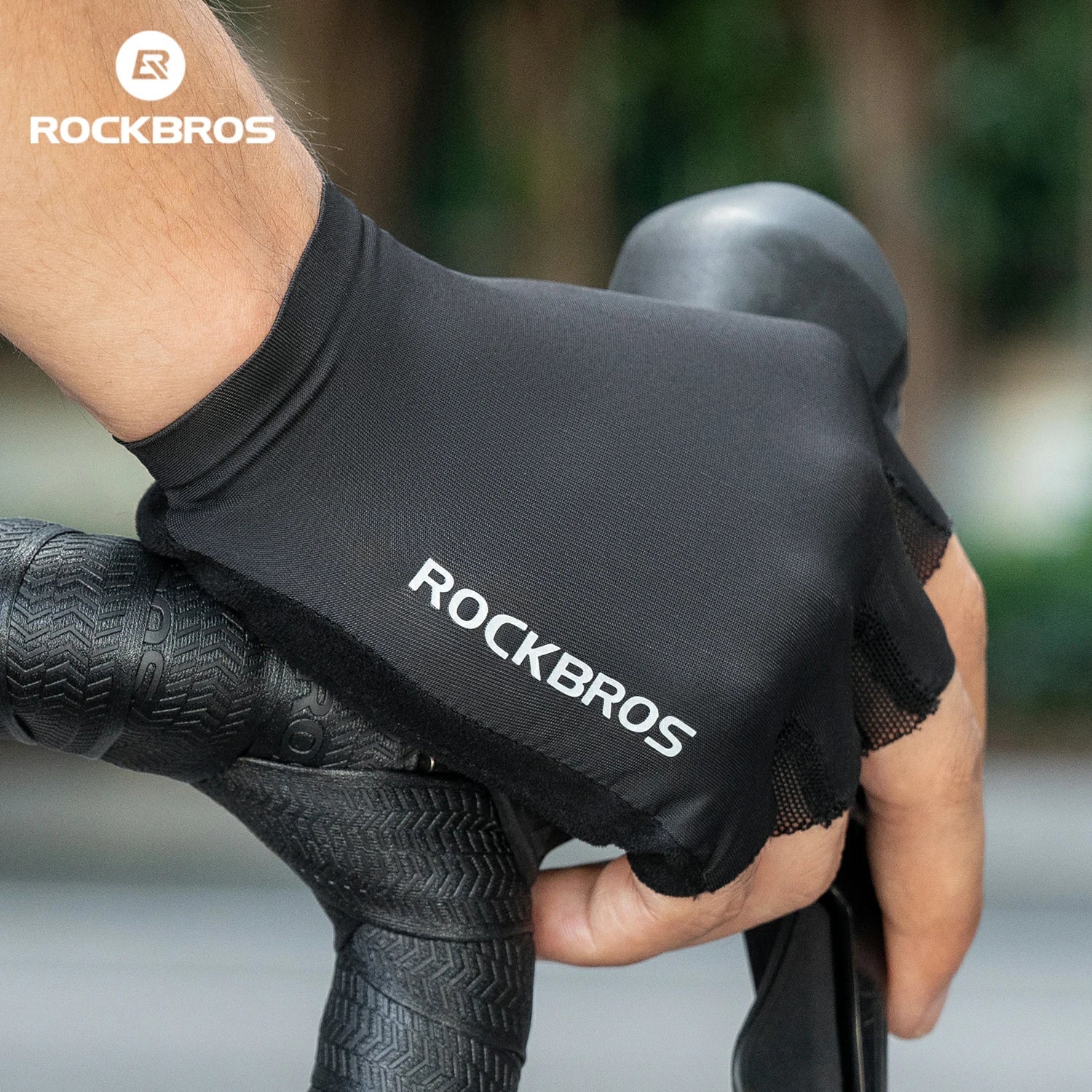 Black cycling glove with 'ROCKBROS' branding on a blurred background #color_Black