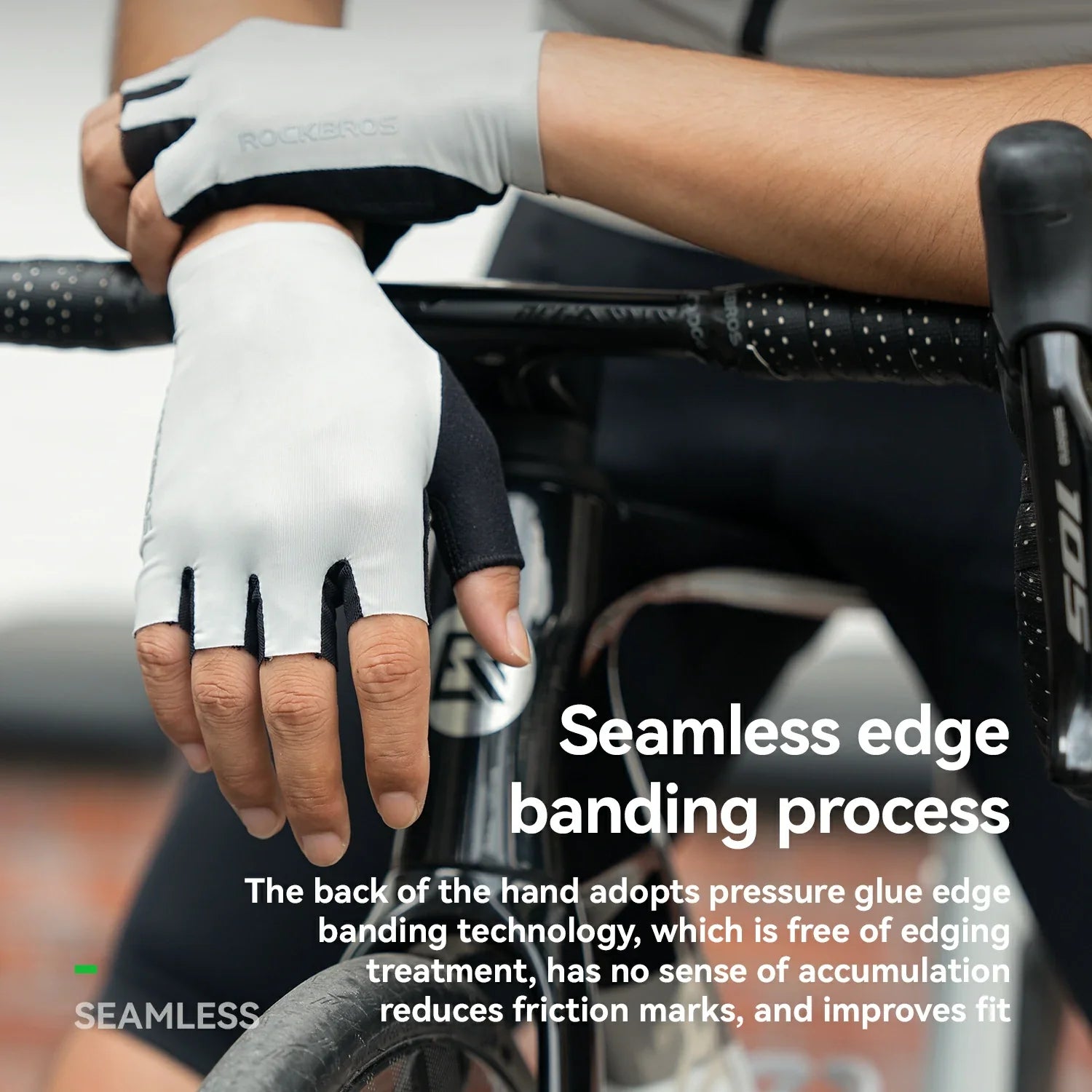Close-up of a person wearing cycling gloves with text about seamless edge banding process.