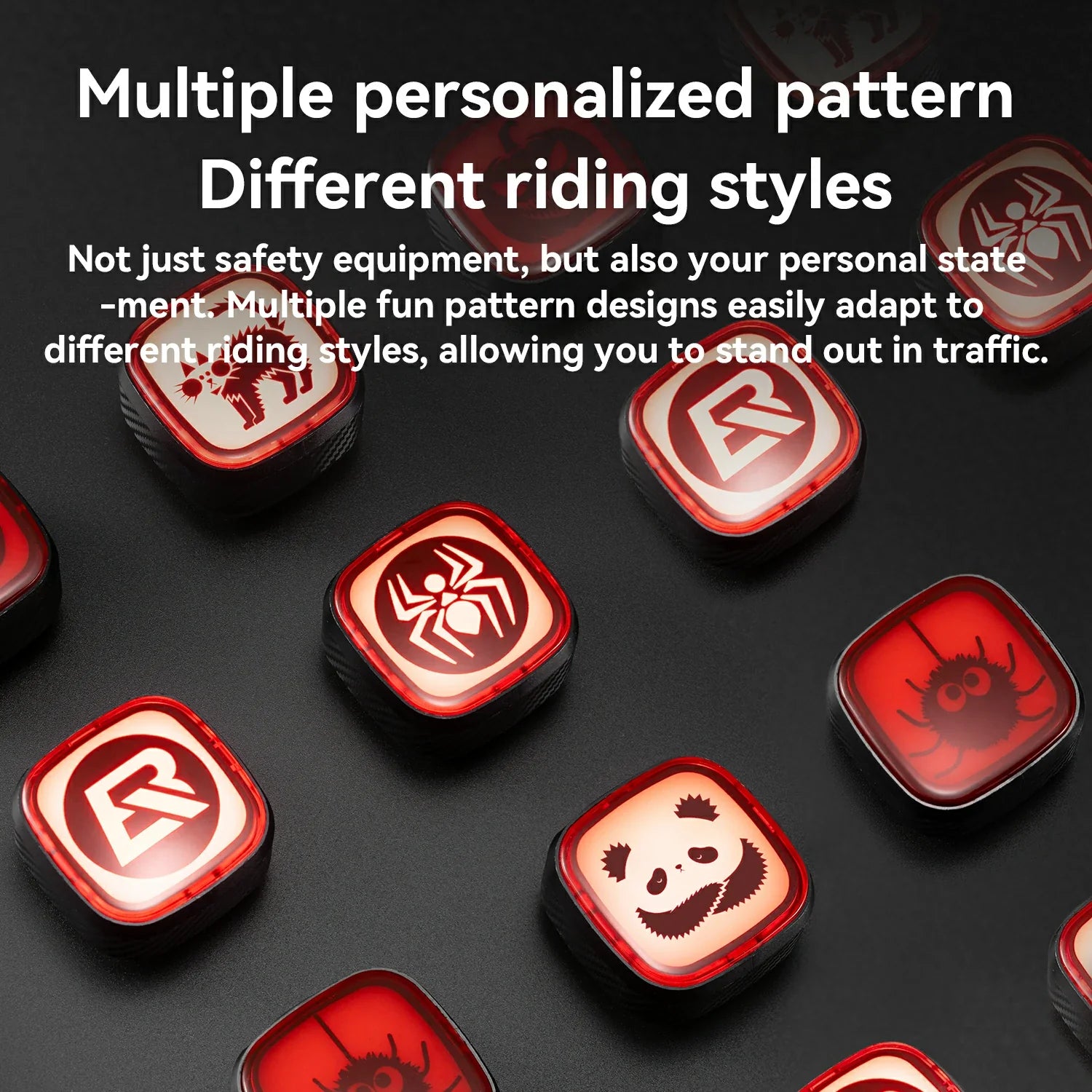 multiple personalized patterns for cycling taillights including panda and spider designs