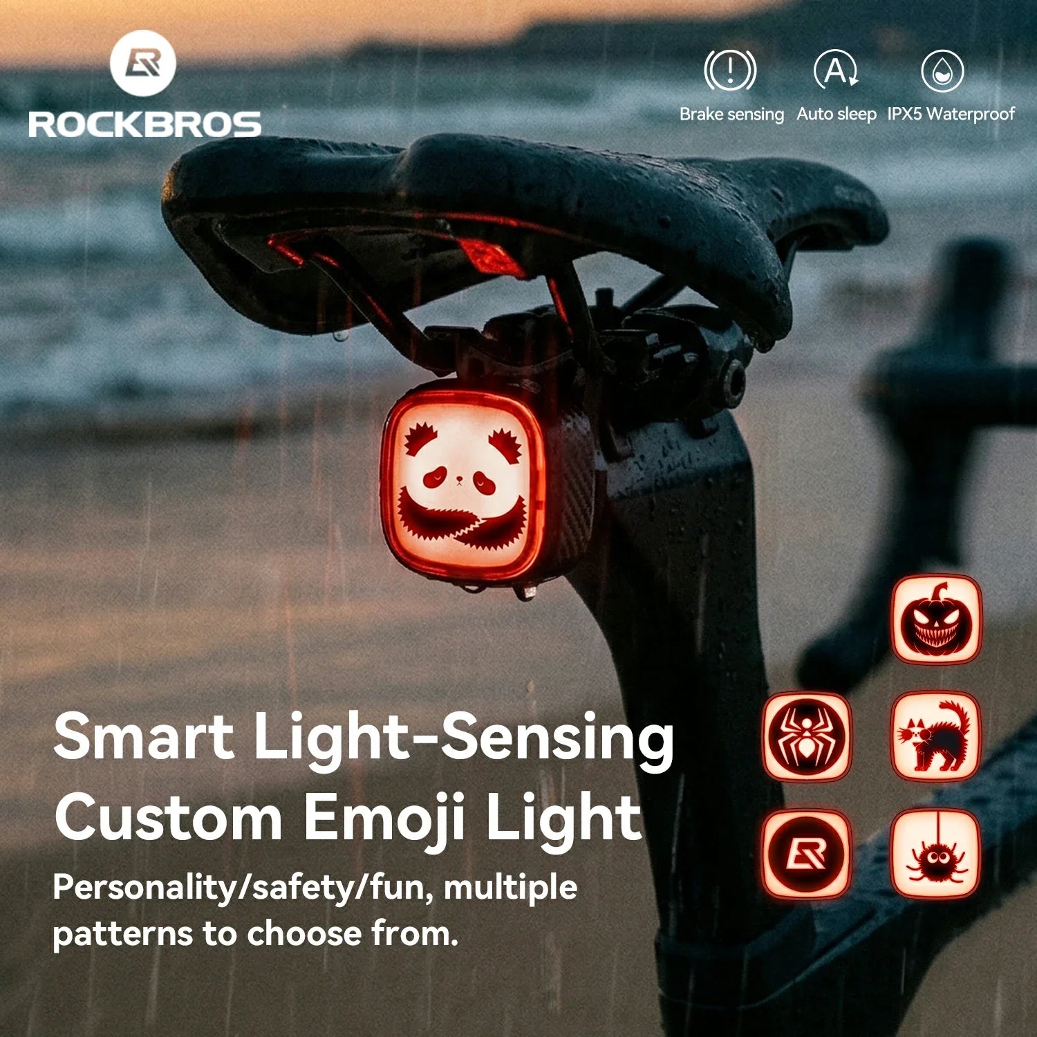 rockbros smart light sensing custom emoji bike taillight with panda pattern under saddle