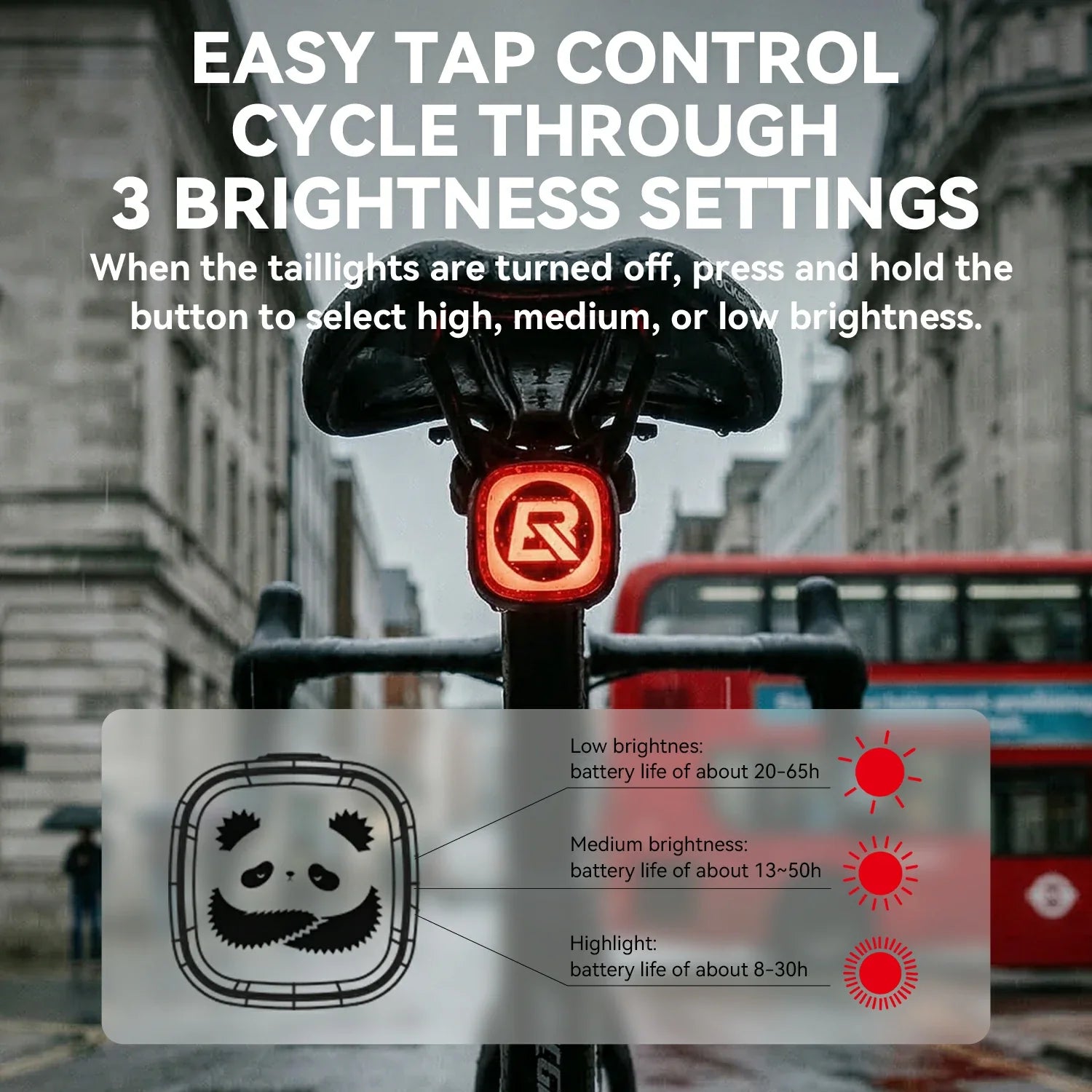 easy tap control bicycle taillight showing high medium and low brightness settings