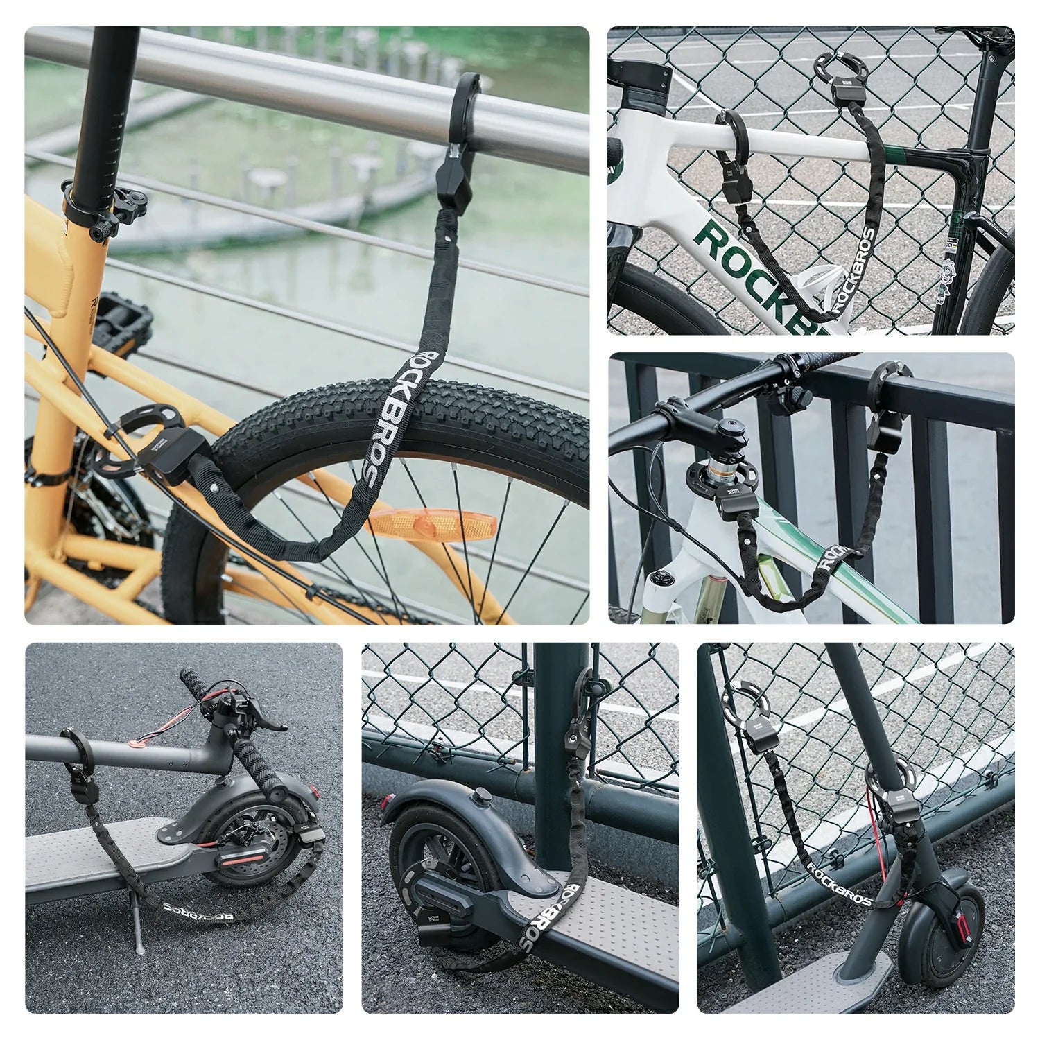 Collage of bicycle lock attachments on various bike frames with a fence background.