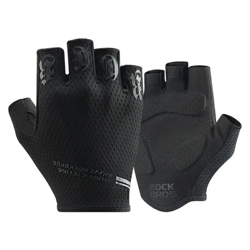 Black cycling gloves with brand logo on a white background #color_black