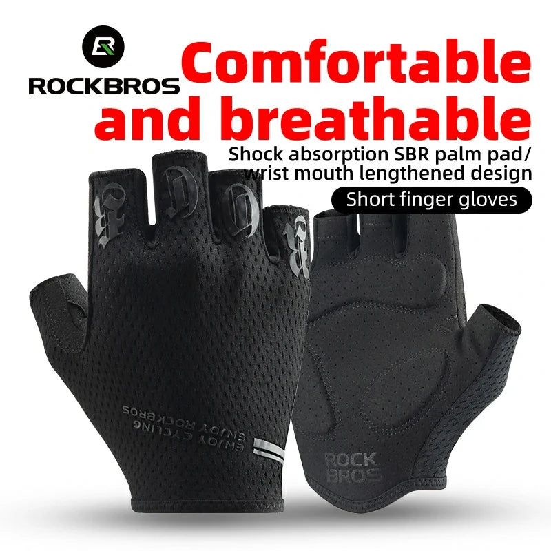 Black short finger gloves with text highlighting features on a white background  #color_black
