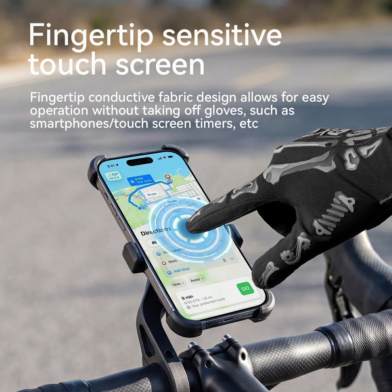 A black fingertip-sensitive touch screen phone mount holding a smartphone, shown attached to a bicycle handlebar with a gloved hand touching the screen. White text at the top explains the fingertip sensitive touch screen feature.