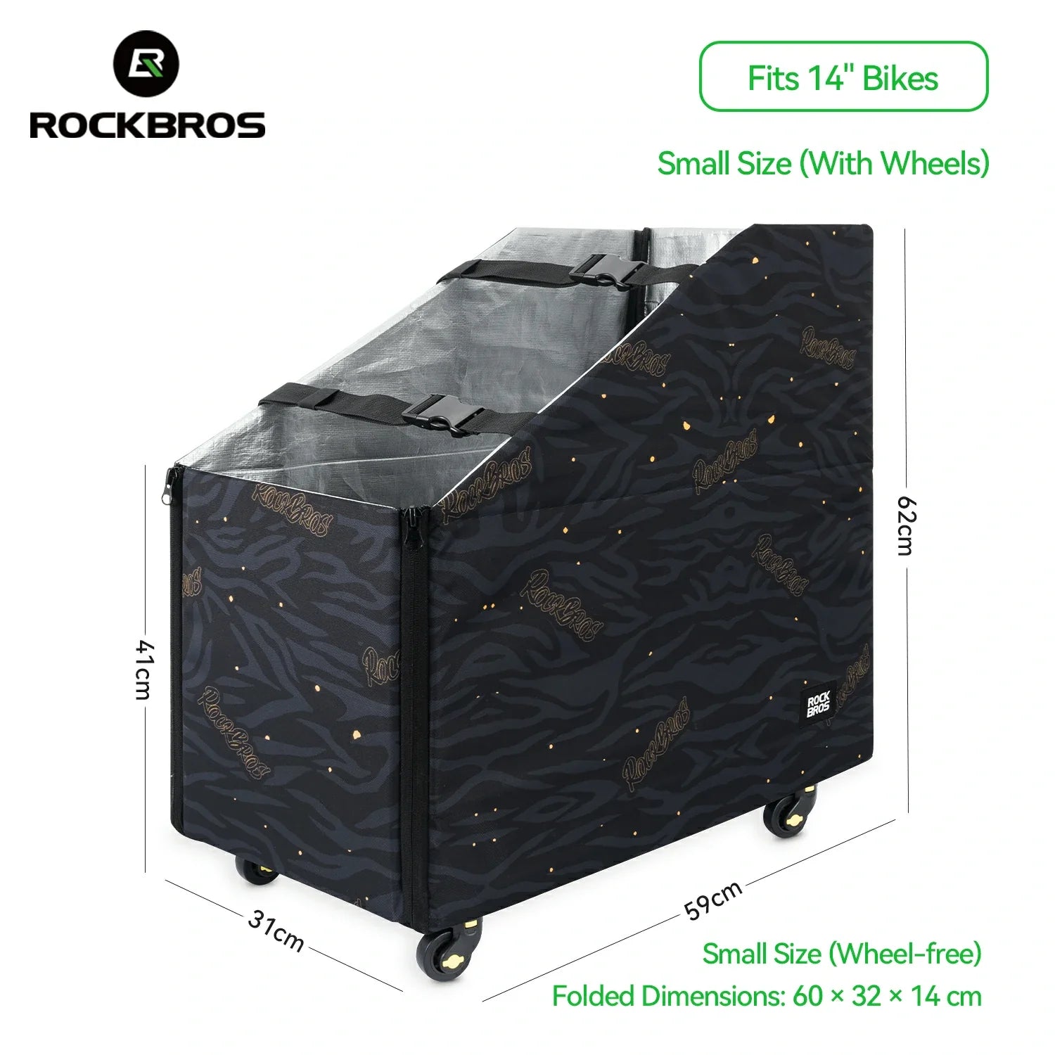Black bike storage bag with dimensions and RockBros branding on a white background #Size_Small with wheels