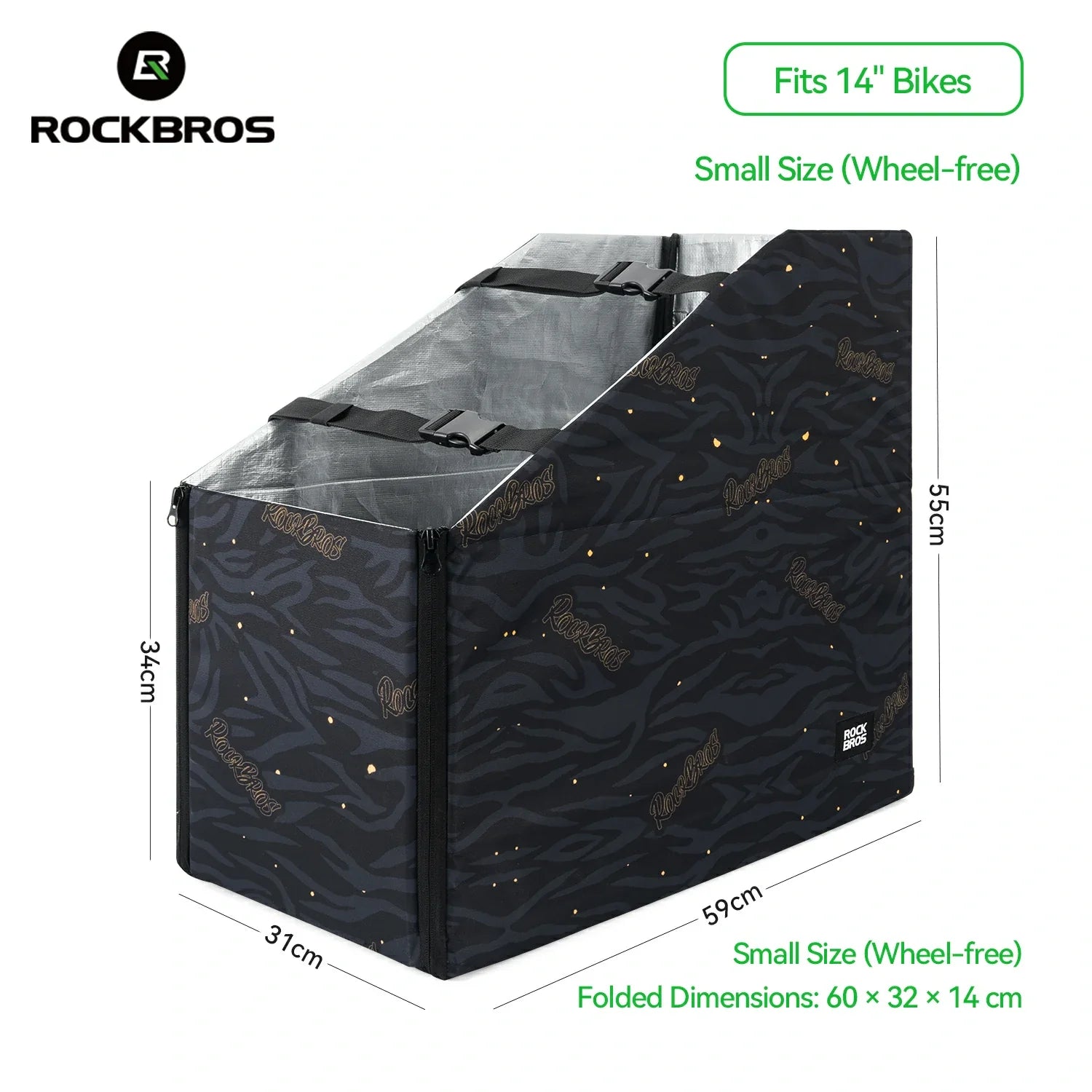 Black bike cargo box with dimensions and RockBros branding on a white background #Size_Small without wheels