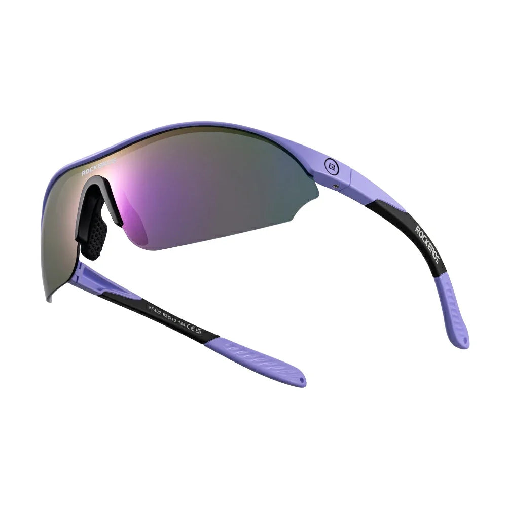 Sunglasses with purple frame and reflective lenses on a white background #Color_Purple