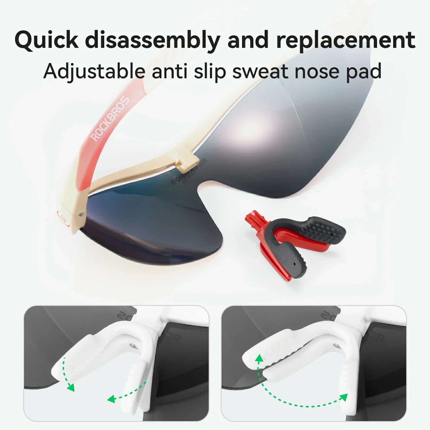 Goggles with adjustable anti-slip nose pad and quick disassembly feature on a white background.