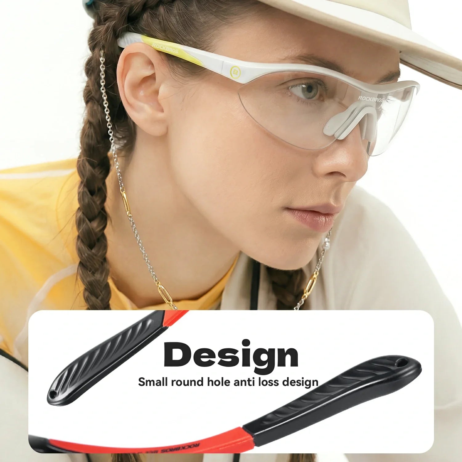 Person wearing safety goggles with a focus on the design of a black and red strap.
