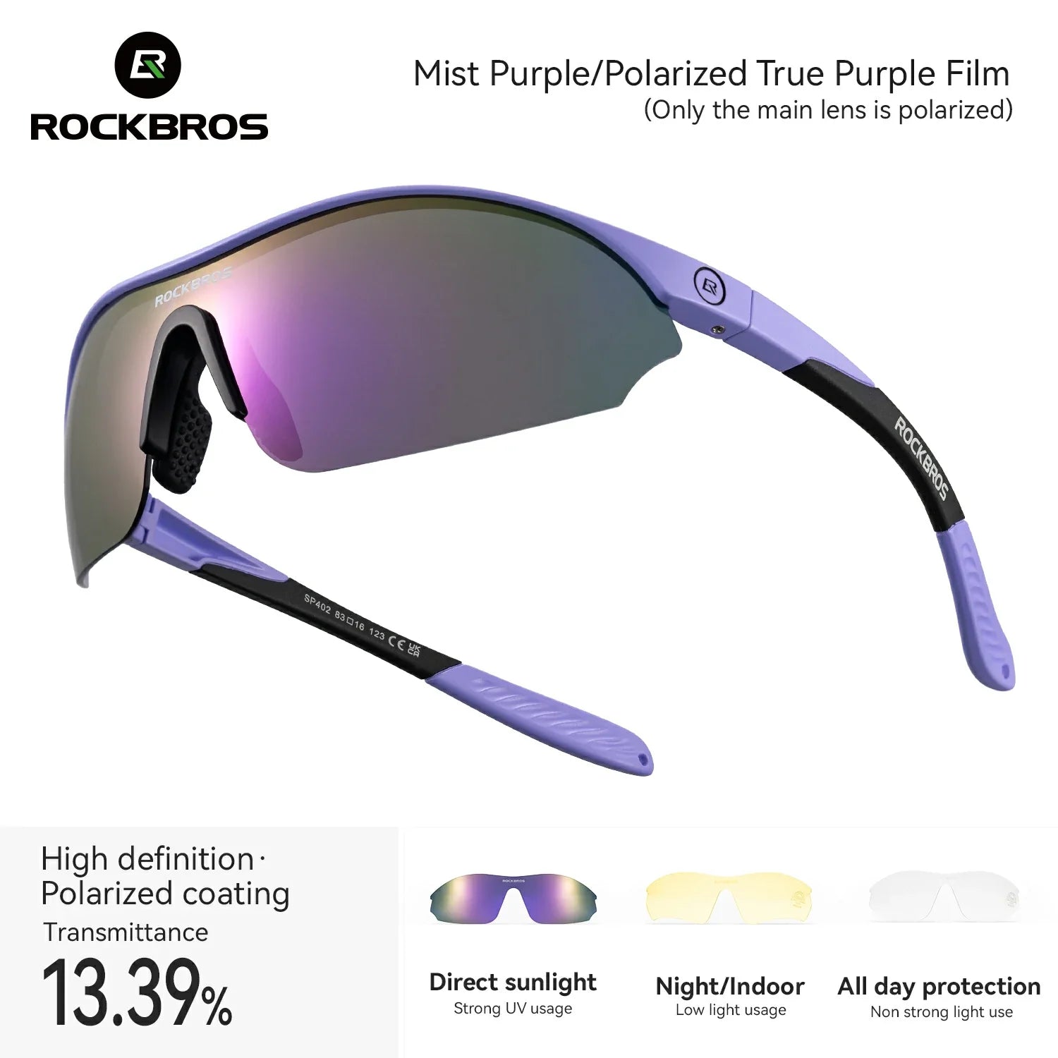 Purple sunglasses with a polarized lens on a white background, featuring the Rockbros brand. #Color_Purple