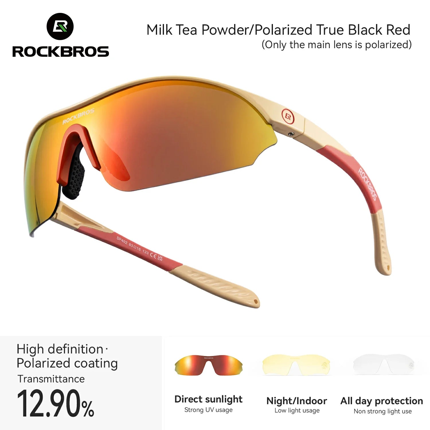 Sunglasses with red and gold frame and reflective lenses on a white background, featuring RockBros branding. #Color_Brown
