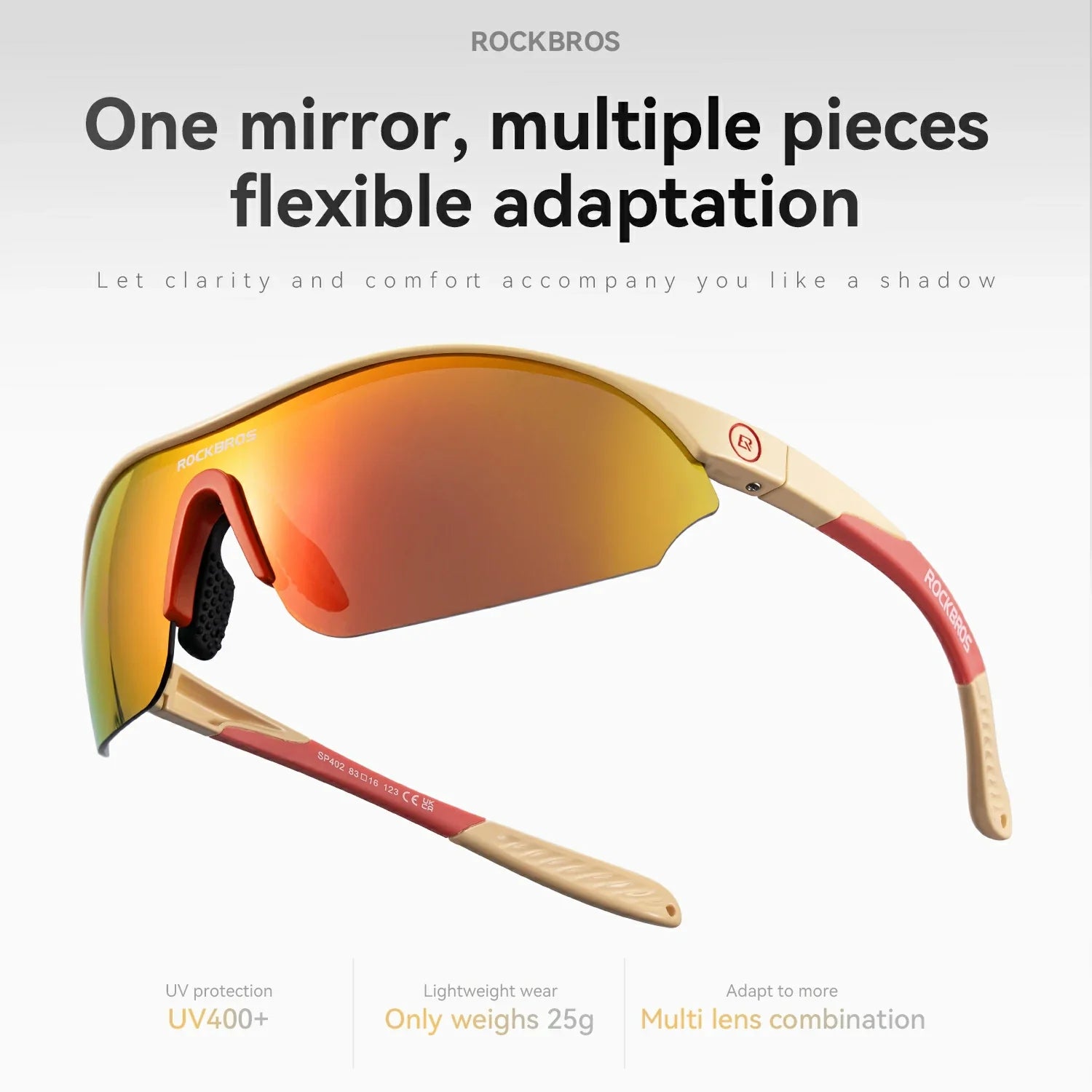 Sunglasses with reflective lenses on a white background, featuring the brand 'Rockbros'.