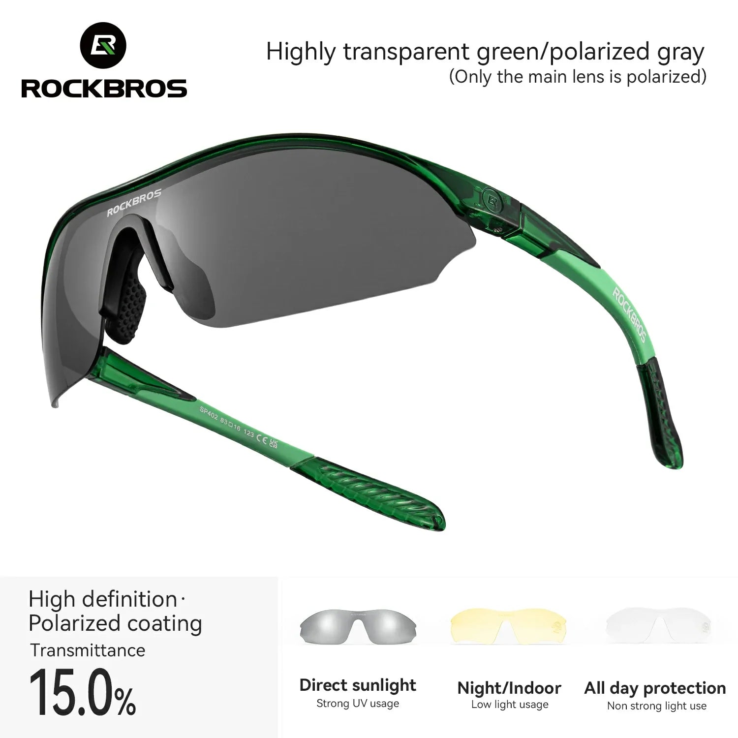 Green sunglasses with a gray lens on a white background, featuring the Rockbros brand.  #Color_Green
