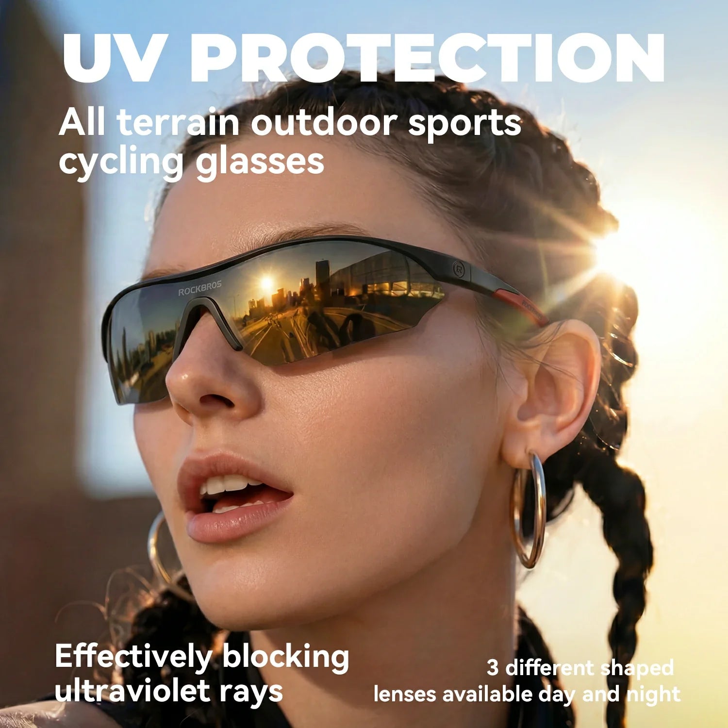 Woman wearing cycling glasses with text about UV protection and product features.