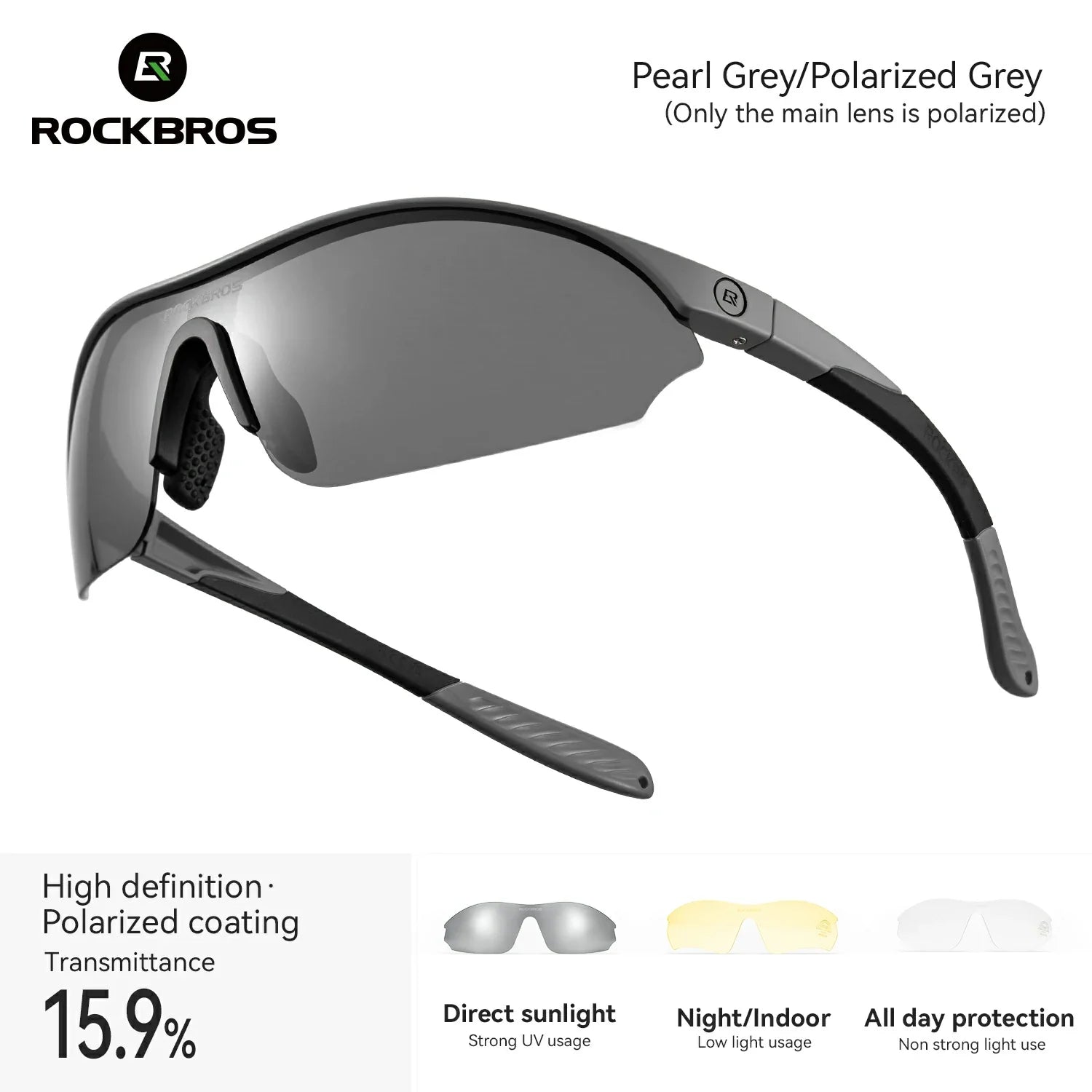 Rockbros sunglasses with pearl gray frame and polarized gray lens on a white background  #Color_Gray