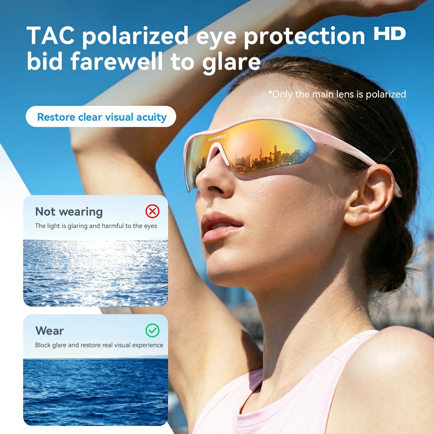 Woman wearing polarized sunglasses with text about eye protection and glare reduction.