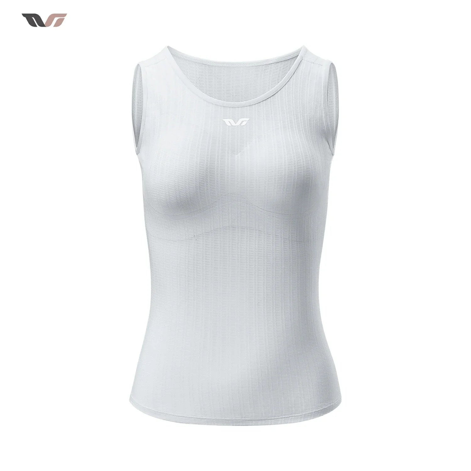 A white sleeveless athletic tank top with a scoop neck and subtle vertical ribbing, shown on a plain white background with a small brand logo in the top-left corner. #Color_White