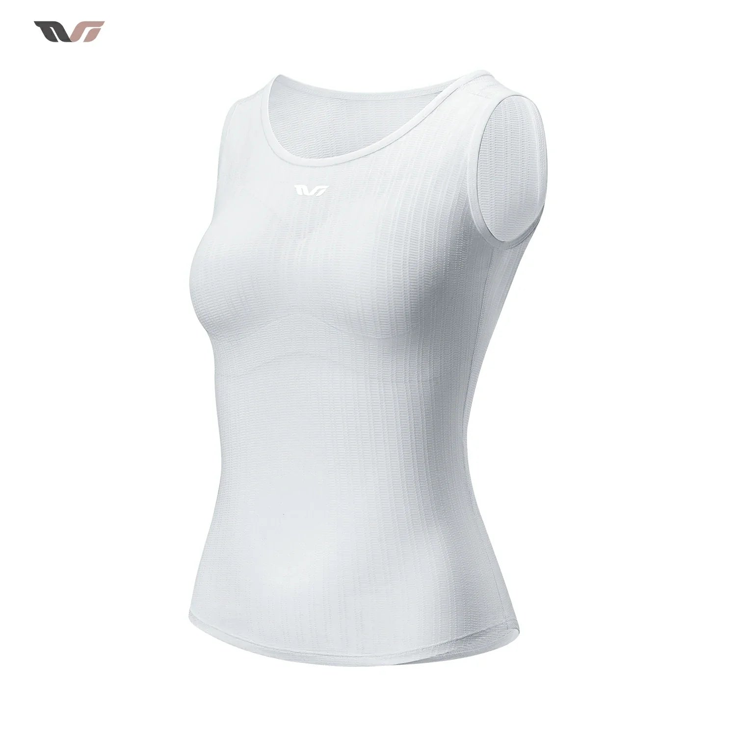 A white sleeveless athletic tank top with a scoop neckline and ribbed texture, shown on a plain white background with a small logo in the top-left corner. #Color_White