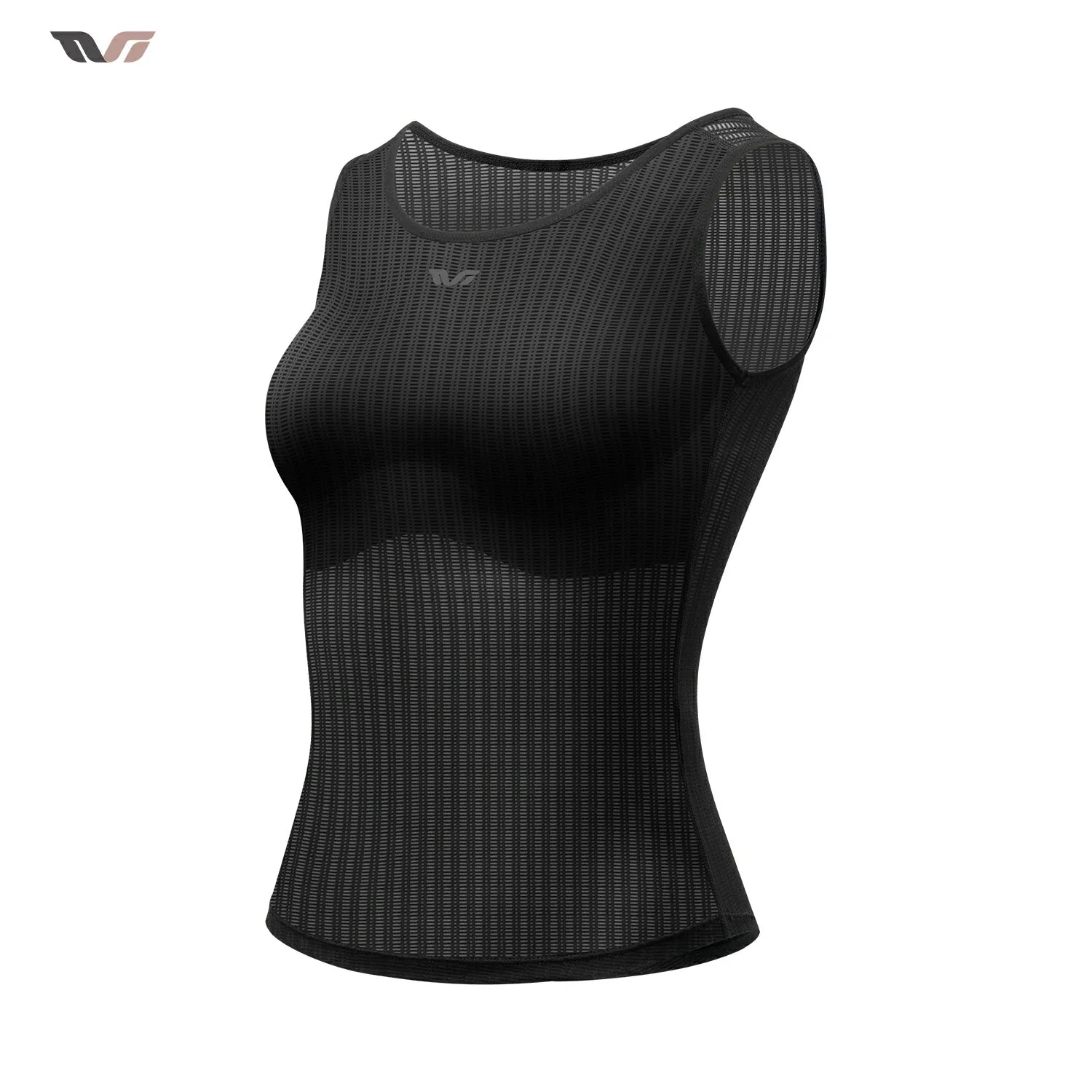 A black sleeveless athletic tank top with a textured, ribbed mesh fabric and shoulder panels, shown on a white background. #Color_Black