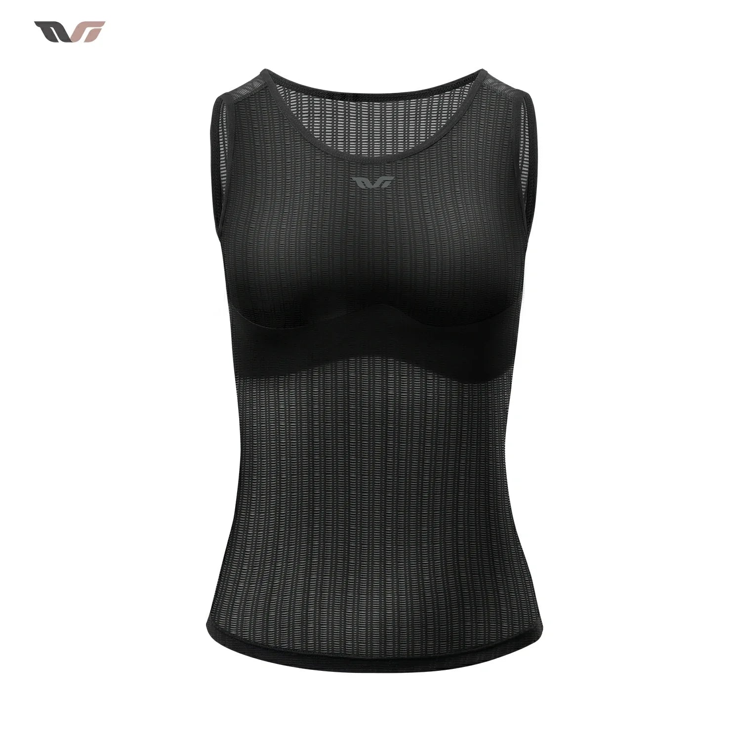 A black sleeveless athletic tank top with a sheer, textured mesh pattern and a scoop neckline, shown on a plain white background. #Color_Black