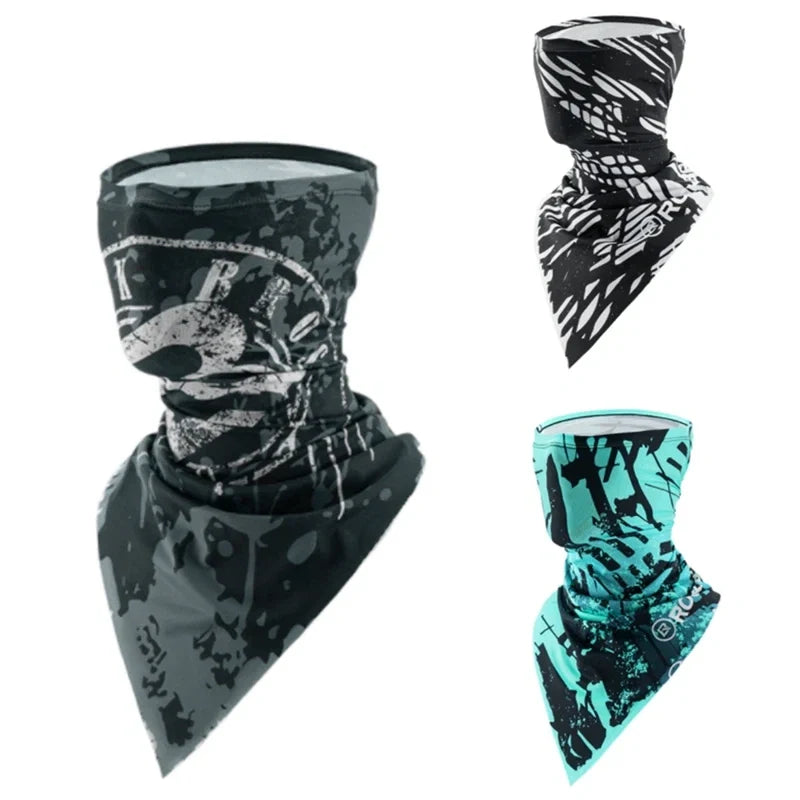 Three patterned neck gaiters on a white background
