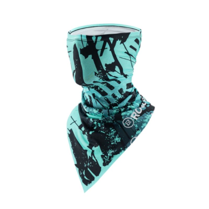 Teal and black patterned neck gaiter on a white background  #Color_Blue