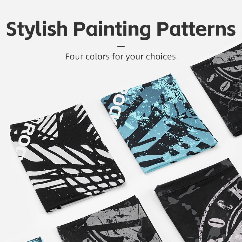 Stylish bandanas with various patterns and text on a white background