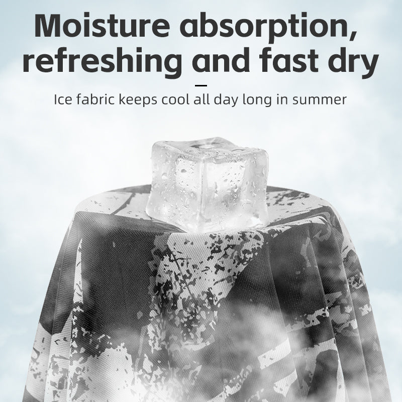 Ice fabric cooling effect with text on moisture absorption and refreshing properties.