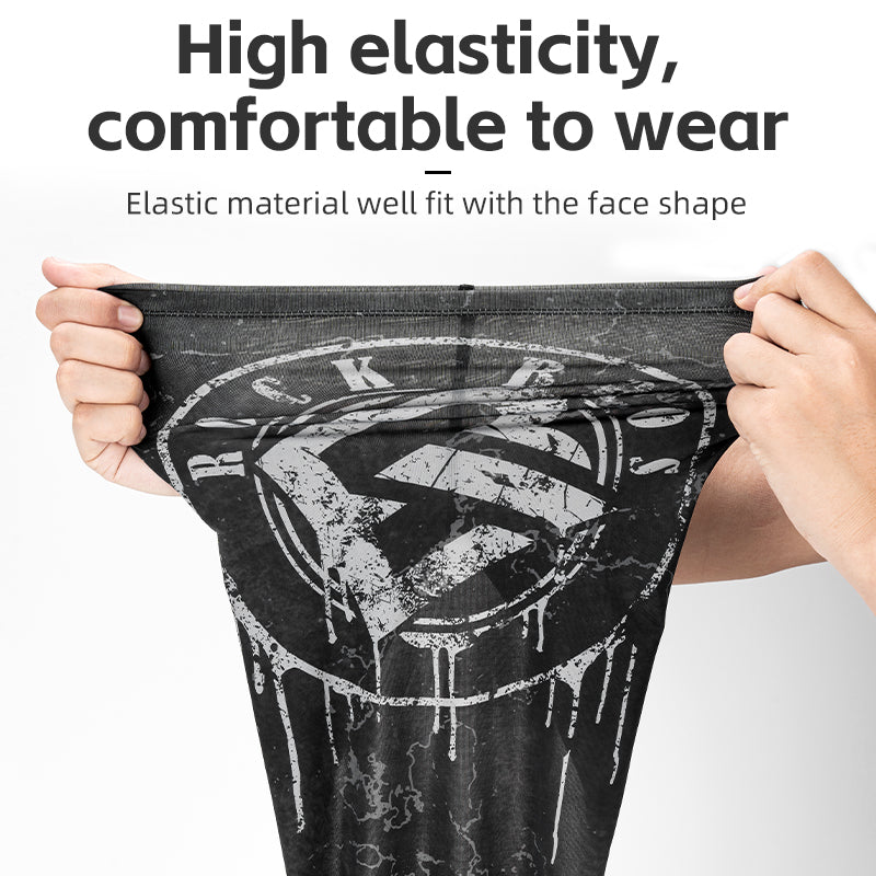 Person holding a black face mask with a brand logo, text about elasticity and comfort.