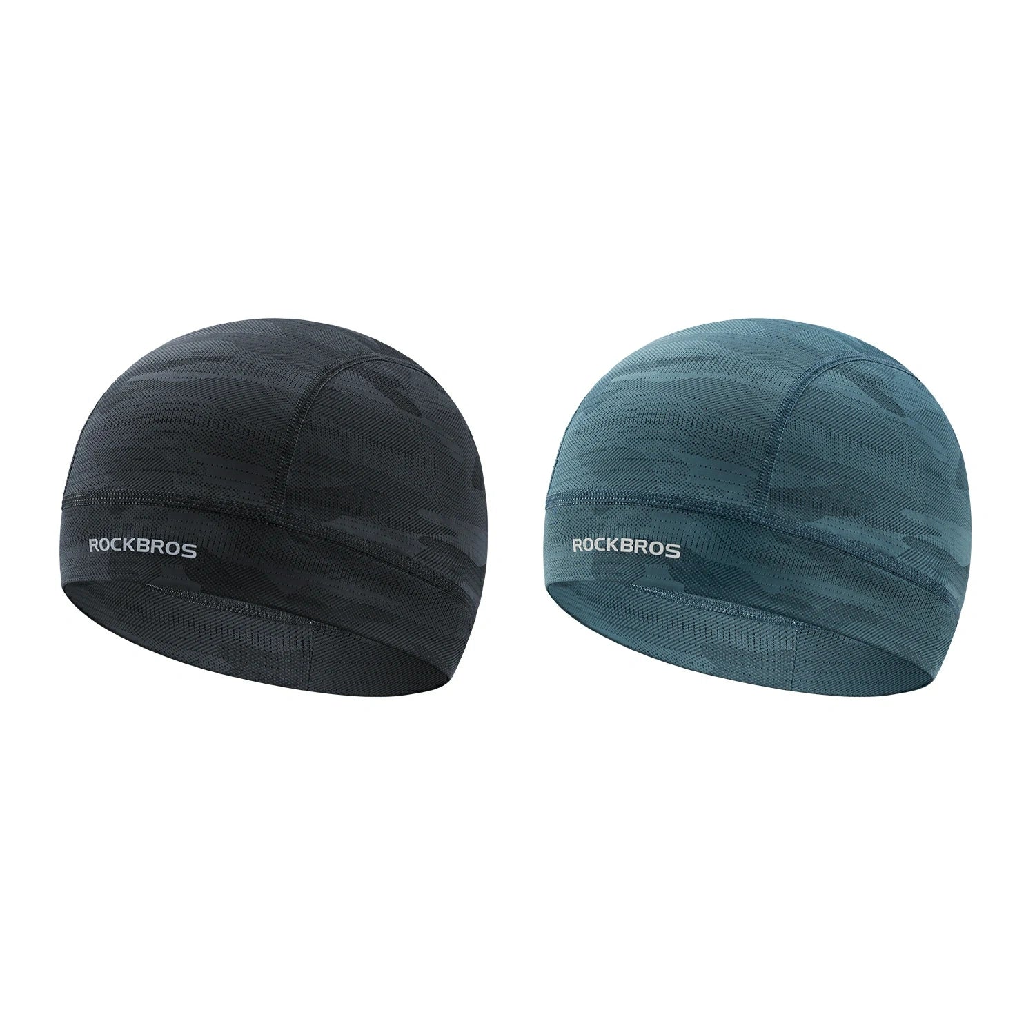 Two caps, one black and one teal, with 'RockBros' branding on a white background. #Color_Blue Color2_Black2