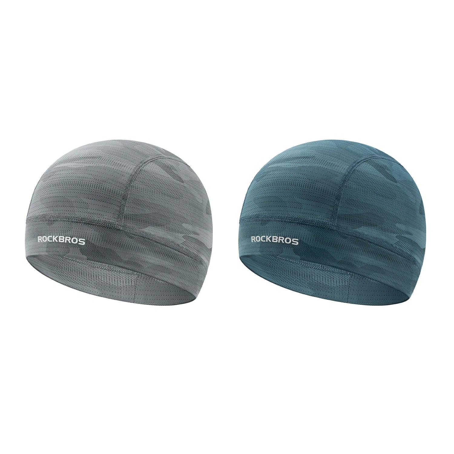 Two beanie hats, one gray and one teal, with 'RockBros' branding on a white background. #Color_Blue Color2_Gray2