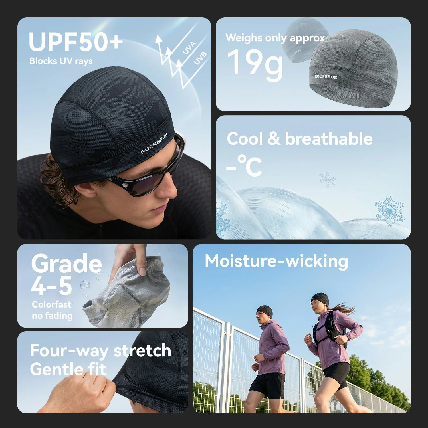 Person wearing a black cap with text highlighting features like UPF50+, weight, cooling properties, and stretchability.
