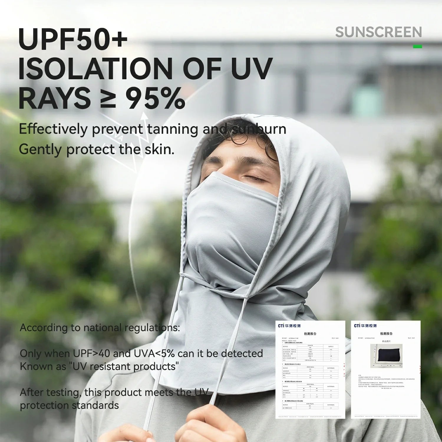 Person wearing a hooded sun protection garment with text about UV ray isolation and sunscreen properties.