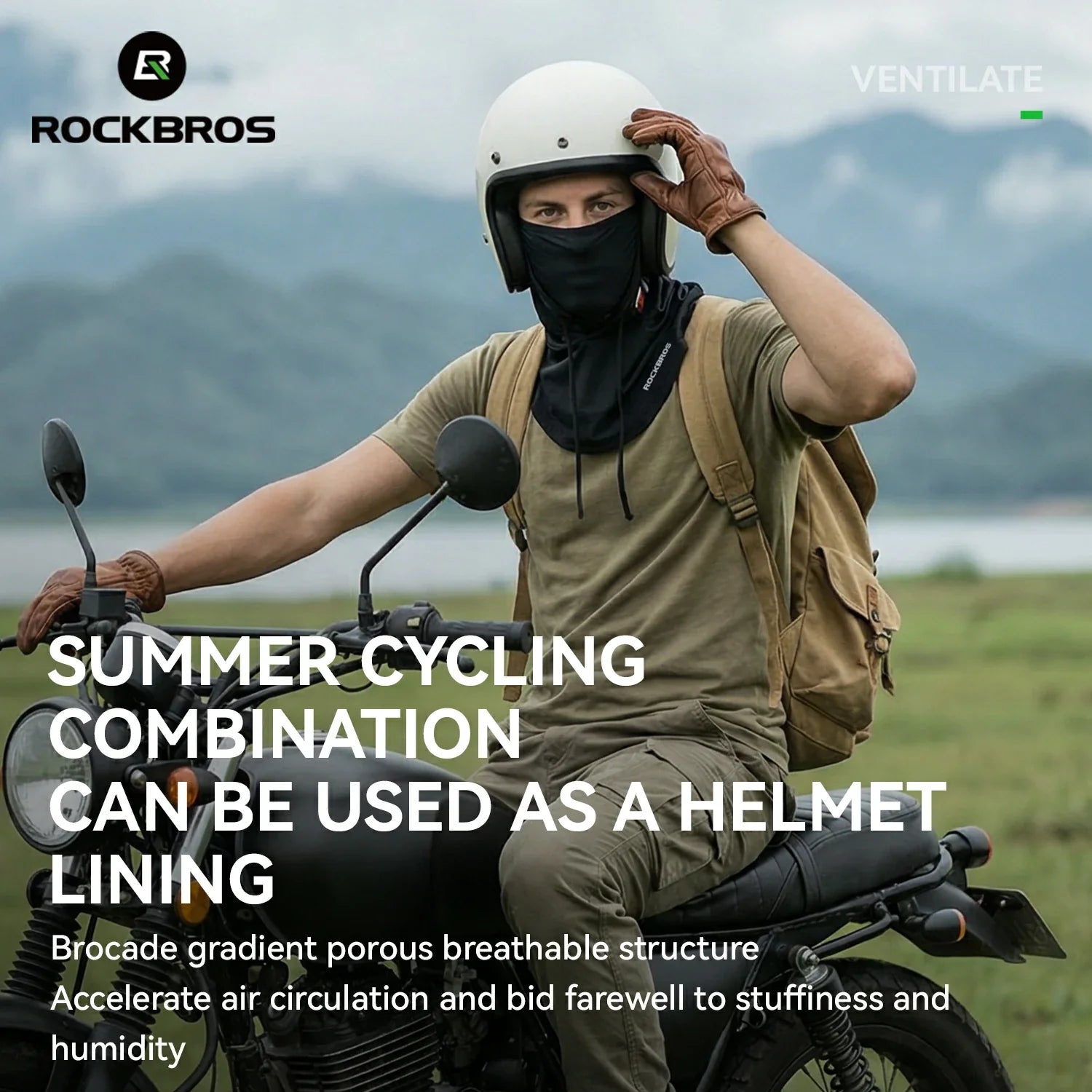 Person on a motorcycle wearing a helmet with text about summer cycling combinations and helmet lining.