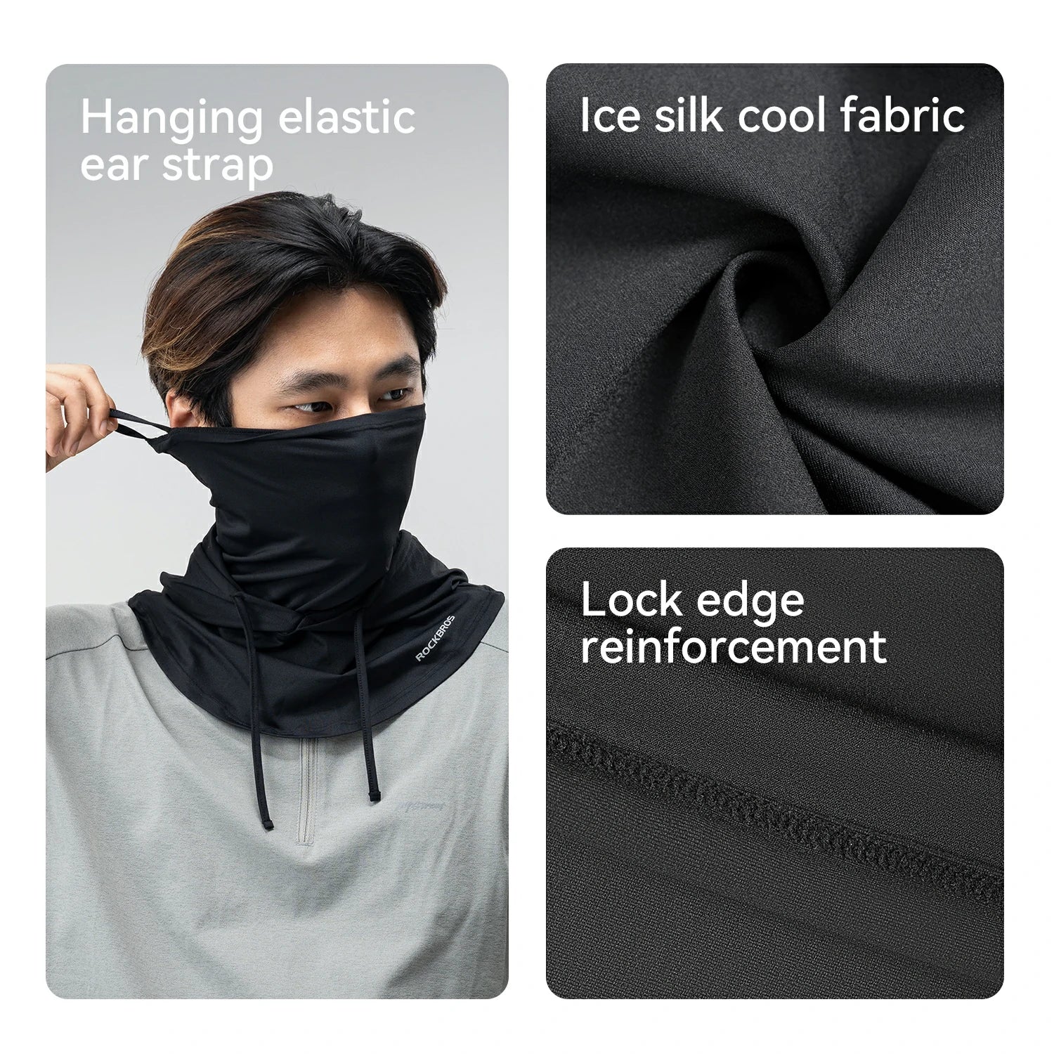 Black neck gaiter with features highlighted on a gray background