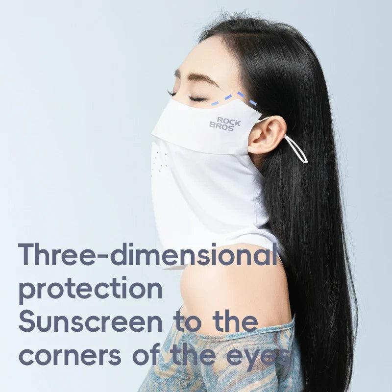 Person wearing a white face mask with text about three-dimensional protection and sunscreen.