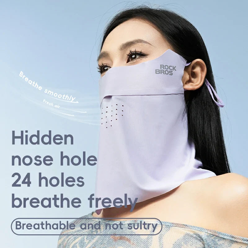 Woman wearing a face mask with text highlighting features on a light blue background