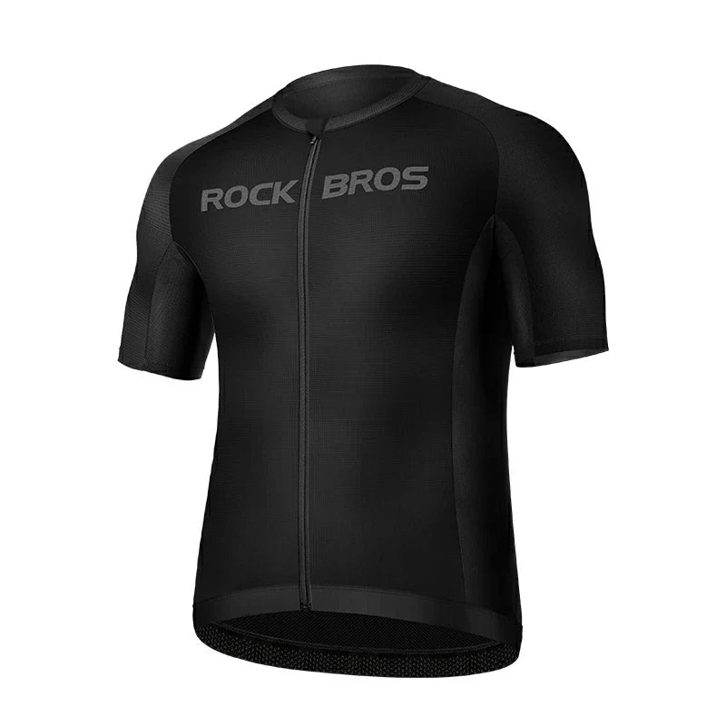 Black cycling jersey with 'Rock Bros' branding on a white background #Color_Black