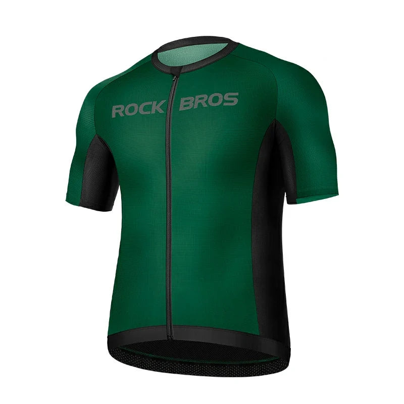 Green cycling jersey with black sleeves and collar on a white background, featuring 'Rock Bros' branding. #Color_Green
