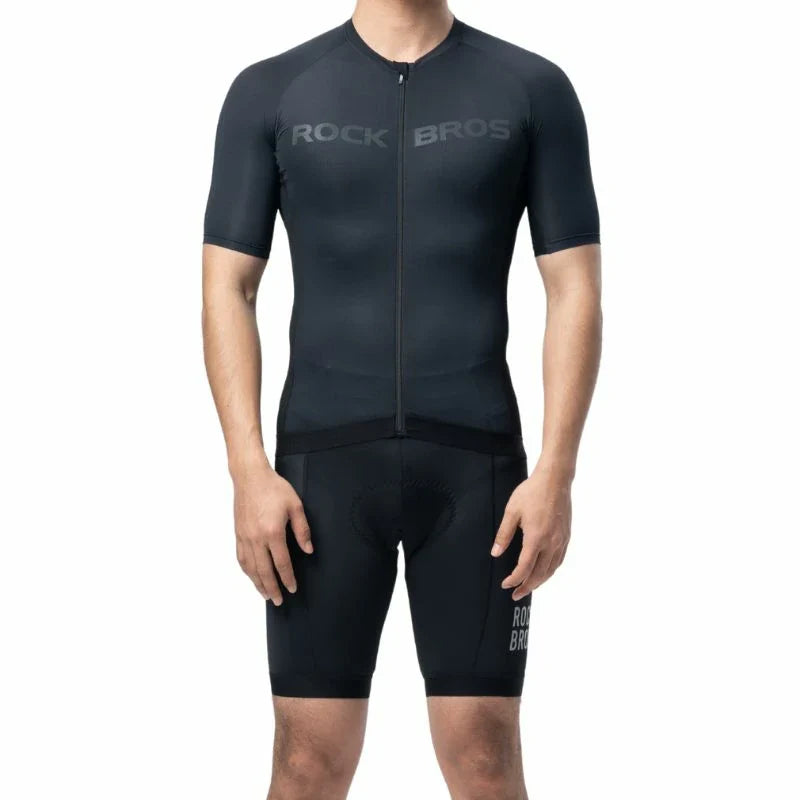 Black cycling outfit with 'ROCK BROS' branding on a white background #Color_Black
