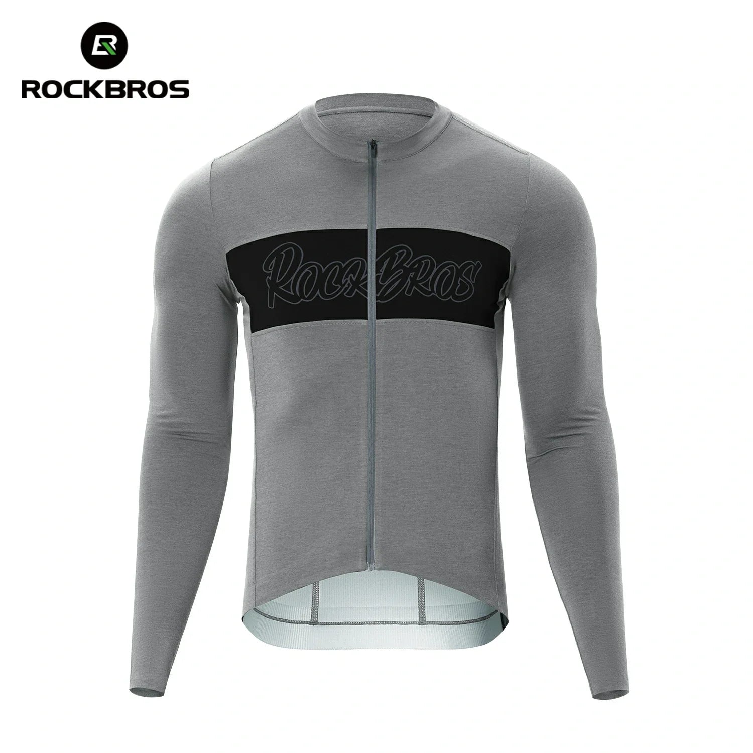 Gray long-sleeve cycling jersey with black logo on a white background, featuring the RockBros brand. #color_grey