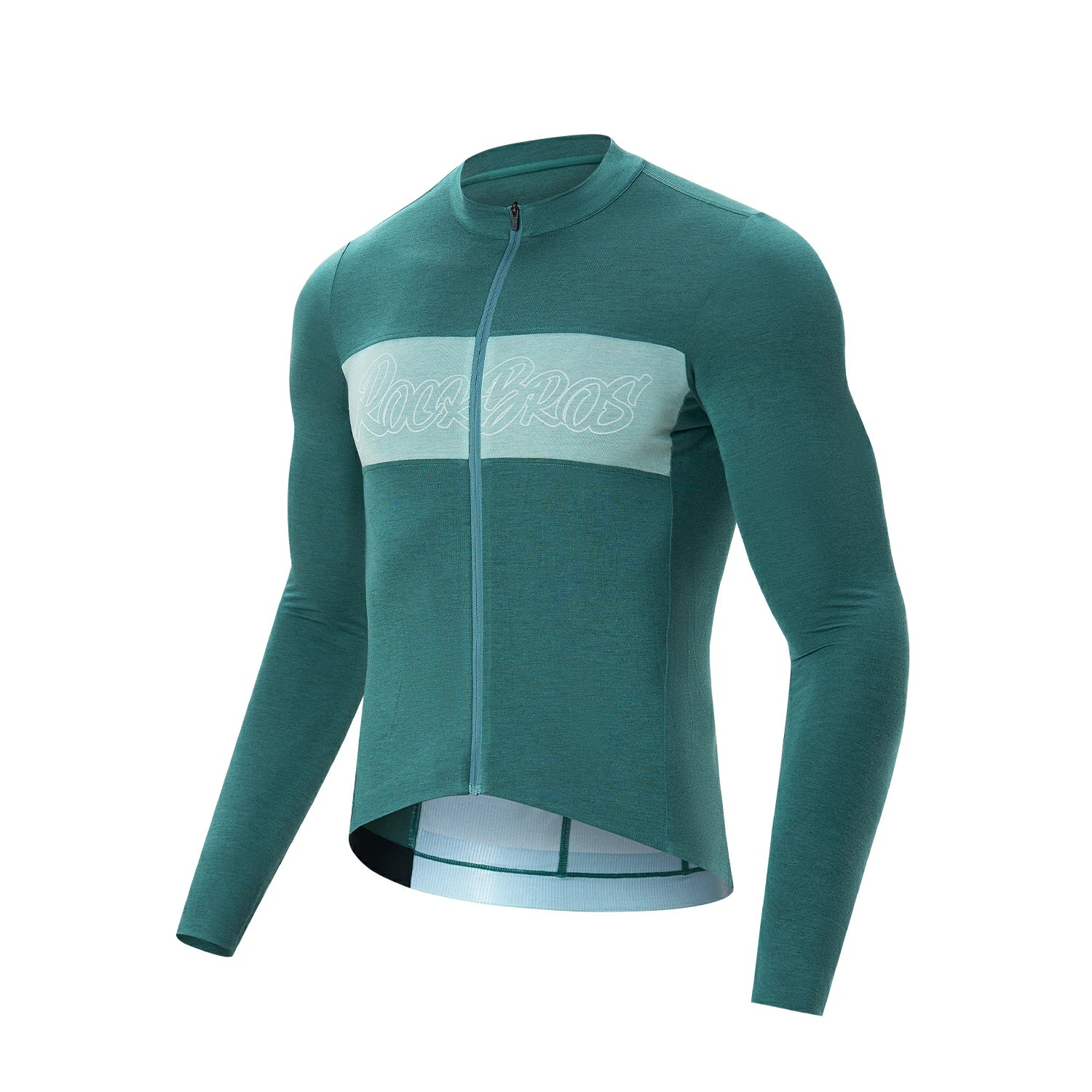 Green cycling jersey with a white logo on a white background #color_green