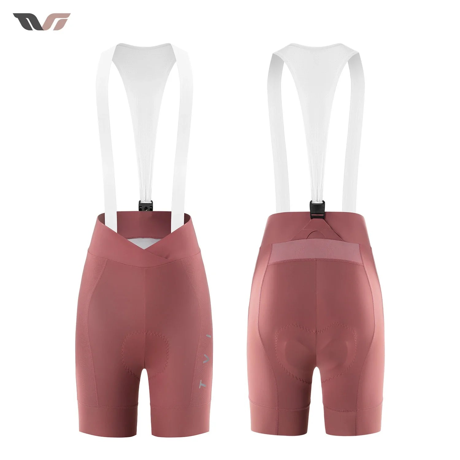 Pink cycling bib shorts with white straps on a white background