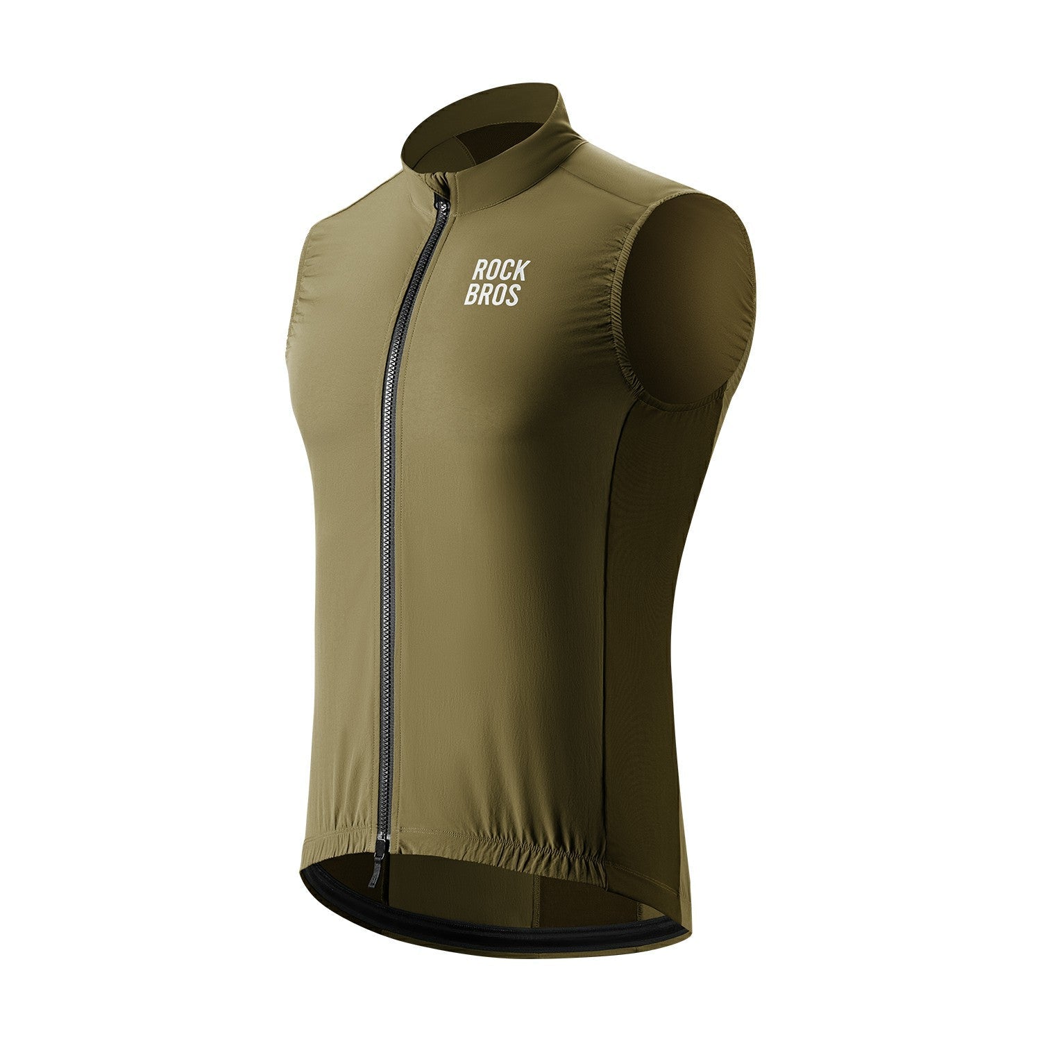 Olive green sleeveless jacket with a zipper on a white background, featuring 'RockBros' branding.